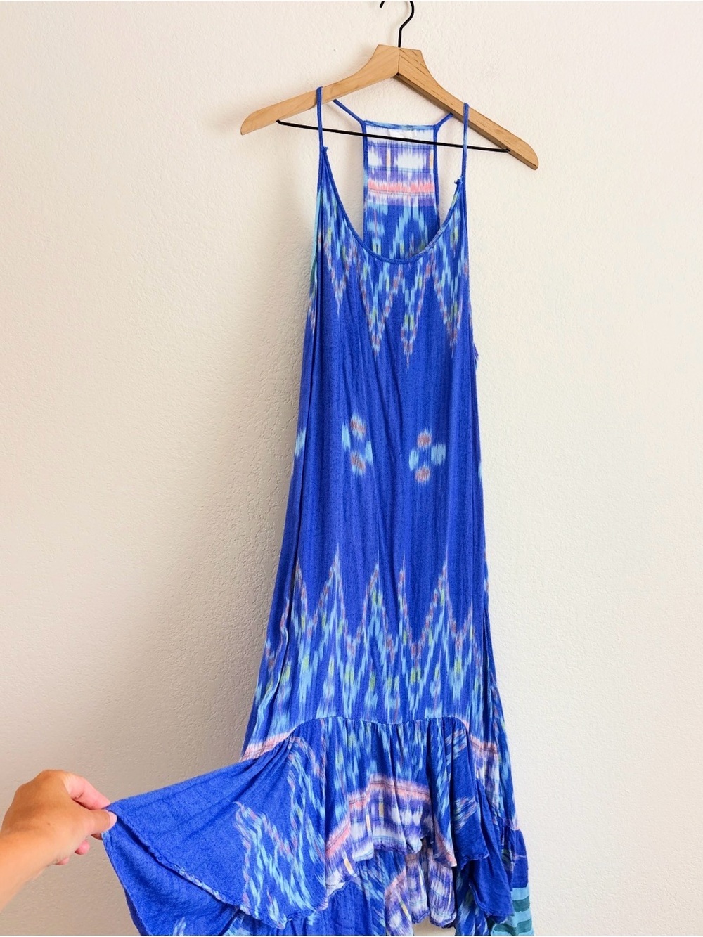 Bohemian Indah Cotton Multicolor Blue Ikat-Style Cotton Dress